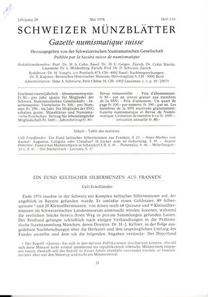 obverse: FRIEDLANDER  U. -  Ein fund keltischer silbermunzen aus Franken. Bern, 1978.  pp 21 - 38,  tavv. 4. brossura editoriale ottimo stato, importante lavoro