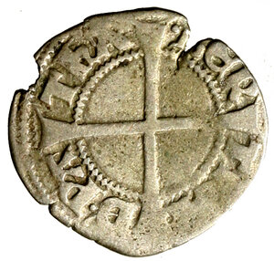 reverse: AQUILEIA. Bertrando di San Genesio (1334-1350) Denaro (g. 0,95). S. Ermacora barbuto seduto in faldistorio Croce invadente. Bern. 44.    AR   BB
