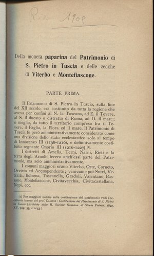 obverse: Martinori  E. - Della moneta paparina del patrimonio di S.Pietro in Tuscia e delle zecche di Viterbo e Montefiascone. Milano, 1909\1910. 2 parti completo. pp.379 - 438, 39 - 72, ill. nel testo. ril. cart. moderno Buono stato, molto raro e ricercato dagli studiosi di monete papali.  