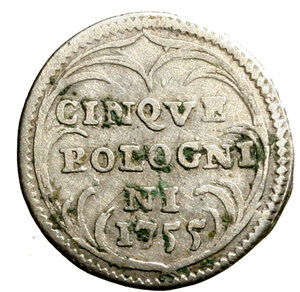 obverse: BOLOGNA. Benedetto XIV (1740-1758) Carlino da 5 bolognini 1755. Stemma R/ CINQVE/ BOLOGNI/ NI/ 1755 in cartella. Munt. 231   (g. 1,48)  AR   +BB