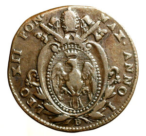 obverse: BOLOGNA. Leone XII (1823-1829) Quattrino 1824/ I. Stemma R/ QVATTRINO/ ROMANO/ 1824 in ghirlanda. Pag. 120; Gig. 18; Chim. 1266.  CU    (g. 1,97)     BB