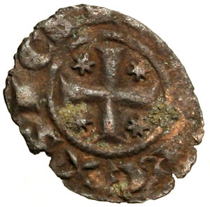 reverse: BRINDISI Manfredi (1258-1266) Denaro. A tra globetti R/ Croce accantonata da stelle. Spahr 193.     MI    (g. 0,40)    BB