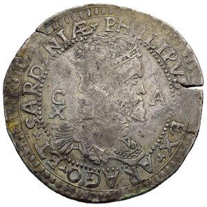 obverse: CAGLIARI. Filippo II di Spagna (1556-1598). Da 10 reali. Ag (28,18 g). D/ Busto coronato a destra tra CX A. R/ Croce ornata. Piras 48; MIR 40. Rara. BB