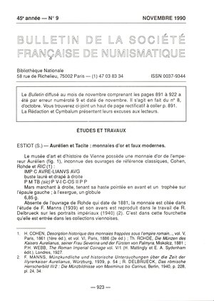 obverse: Estiot  S. -  Aurelien et Tacite: monnaies d’or et faux modernes. Paris, 1990.  Pp 923-927, tav. 1. Brossura ed. ottimo stato.