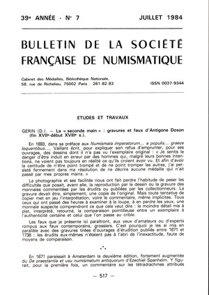 obverse: Gerin  D. -  La < seconde main> : gravures et faux d’Antigone Doson ( fin XVIIe-debut XVIIIe s.) Paris, 1984.  Pp 517-520, tav. 1. Brossura ed. ottimo stato.