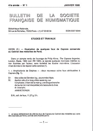 obverse: Gerin D. -  Illustration de quelque faux de Caprara conserves su Cabinet des Medailles de Paris. Paris, 1986.  Pp 1-4, ill. nel testo. brossura ed. ottimo stato.