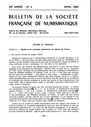 obverse: Gerin D. – Becker et les monnaies bactriennes du Cabinet de France. Paris, 1983. Pp 305-309, tavole 2. Brossura ed. ottimo stato. importante