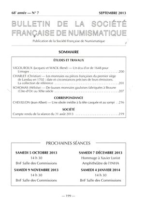 obverse: Schomas Heloise – De fausses monnaies gauloise fabriquees a Beaune ( Cote d’Or) au XIX siecle. Paris, 2013.  Pp 207-215, ill. nel testo. Brossura ed. ottimo stato.