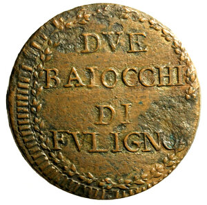 reverse: FOLIGNO. Pio VI (1775-1799)Due baiocchi A/ XXI. Stemma R/ DVE/ BAIOCCHI/ DI/ FVLIGNO in ghirlanda. Munt. 339      CU    RARO     (g. 18,27)   qSPL