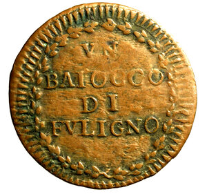 reverse: FOLIGNO. Pio VI (1775-1799)Baiocco A/ XX. Stemma R/ VN/ BAIOCCO/ DI/ FVLIGNO in ghirlanda.CNI 31; Munt. 342      (g. 6,78)    CU    MOLTO RARO      qSPL