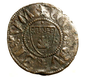 obverse: GUBBIO. Federico II (1444-1482) Denaro. Stemma feltresco a targa incavata R/ Stemma del Comune di Gubbio. Cavicchi 11      MI   (g. 0,52)    RARO   qSPL