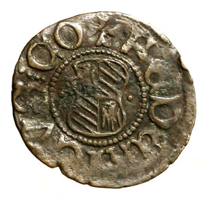 reverse: GUBBIO. Federico II (1444-1482) Denaro. Stemma feltresco a targa incavata R/ Stemma del Comune di Gubbio. Cavicchi 11      MI   (g. 0,52)    RARO   qSPL