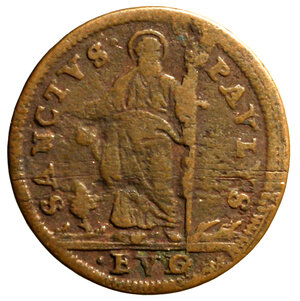 reverse: GUBBIO. Innocenzo XII (1691-1700)Quattrino A/ I0 Stemma R/ S. Paolo stante; in esergo EVG.  (g. 3,10)       CU   RARO +BB