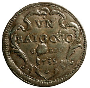 reverse: GUBBIO. Clemente XII (1730-1740)Baiocco 1735/ V. Stemma R/ VN/ BAIOCCO/ GVBBIO/ 1735 in cartella. CNI 42; Munt.202c    (g. 13,37)    CU    SPL