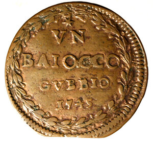 reverse: GUBBIO. Benedetto XIV (1740-1758)Baiocco 1745/ VI. Stemma R/ VN/ BAIOCCO/ GVBBIO/ 1745 in ghirlanda. CNI 42; Munt. 443     RARO   (g. 10,99)   CU    +BB