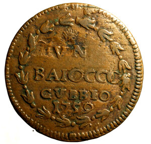 reverse: GUBBIO. Clemente XIII (1758-1769)Baiocco 1759. Stemma R/ VN/ BAIOCCO/ GVBBIO/ 1759 in ghirlanda. Munt.45     (g. 9,16)    CU    qSPL