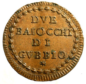reverse: GUBBIO. Pio VI (1775-1799)Due baiocchi A/ XVI. Stemma R/ DVE/ BAIOCCHI/ DI/ GVBBIO/ * in ghirlanda.  (g. 17,41)       CU    +SPL