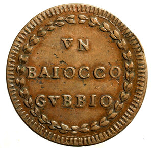 reverse: GUBBIO. Pio VI (1775-1799)Baiocco A/ XVIII. Stemma R/ VN/ BAIOCCO/ GVBBIO in ghirlanda. Munt. 361     (g. 12,31)   CU    qSPL