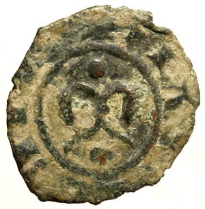 obverse: MANFREDONIA. Manfredi (1258-1266) Denaro. m gotica tra due punti R/ Croce con globetti alle estremità. Spahr 212.    MI   NC  (g. 0,54)  BB