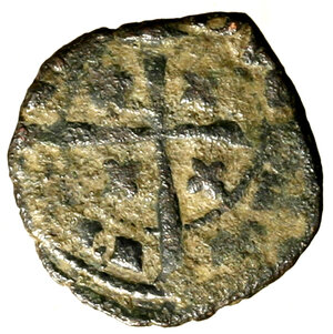 reverse: MESSINA. Carlo I d’Angiò (1266-1285). Denaro. Grande lettera K tra losanghe. R/ Croce accantonata da gigli. Spahr 31.    MI    (g. 1,07)   BB