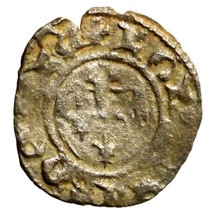 obverse: NAPOLI. Carlo II d Angiò (1285-1309). Denaro gherardino. (g. 0,54) Tre gigli sormontati da lambello. R/ Croce. Pann. 5.   MI    +BB