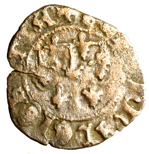 obverse: NAPOLI. Giovanna e Ludovico di Taranto (1347-1362) Denaro. Gigli sormontati da lambello R/ Croce accantonata da gigli. MIR 36 Pann. 3.   MI  (g. 0,47)   NC   +BB   