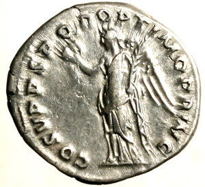 reverse: TRAIANO (98-117) Denario. D/ Busto laur. a ds. R/ Vittoria alata stante a sn. con corona in mano. AR (g. 3,07 mm. 19) C. 74; RIC 128. +BB
