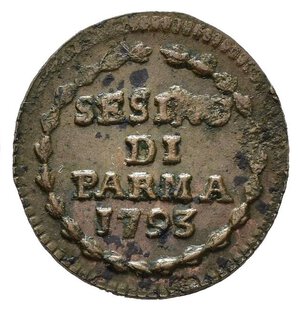 reverse: PARMA. Ferdinando di Borbone (1765-1802). Sesino 1793. MIR 1089/1. Con cartellino di vecchia raccolta. SPL