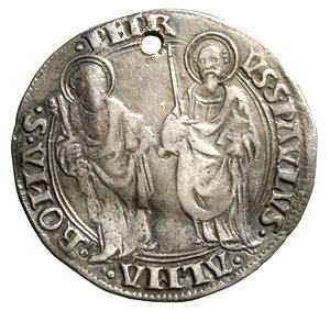 reverse: ROMA. Eugenio IV (1431-1447) Grosso. Stemma in quadribolo. R/ SS. Pietro e Paolo stanti. Munt. 18; Berman 306.    AR    RARO  (g. 3,84)   BB   forato