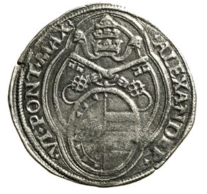 obverse: ROMA. Alessandro VI (1492-1503) Doppio grosso. Stemma R/ S. Pietro, in ginocchio, riceve le chiavi da Gesù. Munt. 15.     AE     MOLTO RARO   (g. 6,10)   bel BB