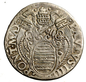 obverse: ROMA. Paolo IV (1555-1559) Testone. D/ Stemma Carafa R/ S. Pietro in trono; in basso, segno della zecchiere Girolamo Ceuli. AR (8,35 g) Munt. 10; Berman 1039; MIR 1024/1   BB