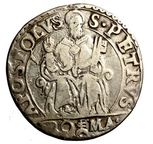reverse: ROMA. Paolo IV (1555-1559) Testone. D/ Stemma Carafa R/ S. Pietro in trono; in basso, segno della zecchiere Girolamo Ceuli. AR (8,35 g) Munt. 10; Berman 1039; MIR 1024/1   BB