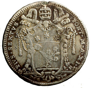 obverse: ROMA. Pio VI (1775-1799) Testone 1785/ XI. D/ Stemma R/ SS. Pietro e Paolo stanti di fronte. Munt. 29; Ber. 2962; MIR 2768/1. AR (7,70 g). Appiccagnolo rimosso. BB