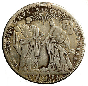 reverse: ROMA. Pio VI (1775-1799) Testone 1785/ XI. D/ Stemma R/ SS. Pietro e Paolo stanti di fronte. Munt. 29; Ber. 2962; MIR 2768/1. AR (7,70 g). Appiccagnolo rimosso. BB