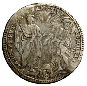 reverse: ROMA. Pio VI (1775-1799) Testone 1796/ XXII. D/ Stemma R/ SS. Pietro e Paolo stanti in piedi di fronte. MIR 2768/8.    NC  AR (7,69 g).  Tracce di montatura. BB
