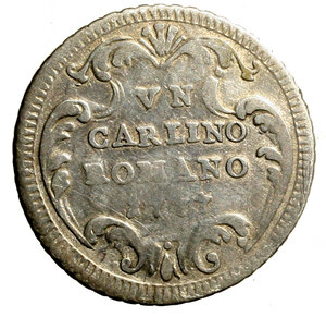 reverse: ROMA. Pio VI (1775-1799) Carlino romano 1777/ III. D/ Stemma R/ VN/ CARLINO / ROMANO/ 1777 in cartella. Munt. 86; Ber. 2981; MIR 2785/1. AR (2,70 g). BB