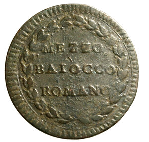 reverse: ROMA. Pio VI (1775-1799) Mezzo baiocco A/ XII. Stemma R/ MEZZO/ BAIOCCO/ ROMANO in ghirlanda. Munt. 138a; Berman 2997.     CU   +BB