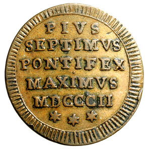 reverse: ROMA. Pio VII (1800-1823) Mezzo baiocco 1802/ II 2° tipo. Stemma R/ PIVS/ SEPTIMVS/ PONTIFEX/ MAXIMVS/MDCCCII/ * * *. Gig. 62; Pag. 86 (g. 6,85)    CU    +BB