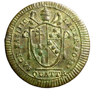 obverse: ROMA. Pio VII (1800-1823) Quattrino del possesso 1801/ I 2° tipo. Stemma R/ PIVS/ SEPTIMVS/ PONTIFEX/ MAXIMVS/MDCCCII/ * * *. Munt. 29; CNI 18; Pag. 88; Berm. 3242.    CU  (g. 2,32)   SPL