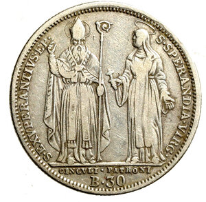 reverse: ROMA. Pio VIII (1829-1830) Testone (30 baiocchi) 1830/II. Busto a ds. R/ SS. Esuperanzio e Sperandia stanti. MIR 3085/1; Munt. 2; Berm. 3266.   AR    (g. 7,76)    RARO    BB
