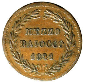 reverse: ROMA. Gregorio XVI (1831-1846) Mezzo baiocco 1841/ IX. Stemma R/ MEZZ/ BAIOCCO/ 1841 tra rami. Pag. 285; Mont. 240 .   CU    (g. 4,61)       +BB