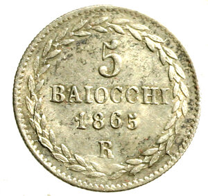 reverse: ROMA. Pio IX (1846-1870) 5 baiocchi 1865/ XX. Semma R/ Valore in ghirlanda. Pag. 472; Mont. 238    AR  (g. 1,34)  SPL