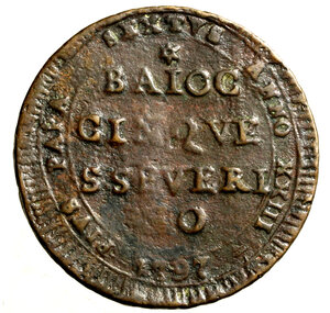 reverse: SAN SEVERINO. Pio VI (1775-1799) 5 baiocchi 1797/ XXIII. Busto della B. Vergine a sn. R/ rosetta cava/ BAIOC/ CINQVE/ S SEVERI/ NO. Munt. 404; Berm. 3139     CU   (g. 13,54)  +BB