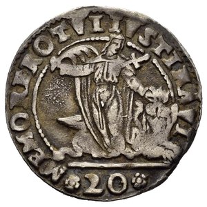 reverse: VENEZIA. Sebastiano Venier (1577-1578). Da 20 soldi o Lira con Santa Giustina. Ag (4,50 g). D/ San Marco in trono porge il vessillo al Doge, in basso sigle del massaro FB. R/ Santa Giustina inpiedi frontale. Mont.709. RR. BB+