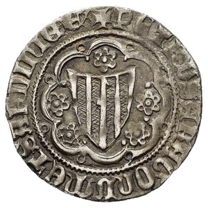 obverse: VILLA DI CHIESA. Pietro IV d Aragona (1336-1387). Alfonsino. Ag (3,10 g). D/ Stemma a cuore in cornice. R/ croce con roselline nei quarti. MIR 115. NC. BB+