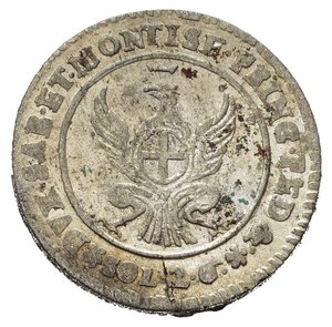 reverse: Savoia. Carlo Emanuele III (1730-1773). 2,6 soldi 1758. Mi (2,47 g). D/ testa del re a destra. R/ aquila coronata con stemma savoia in petto. Cudazzo 1061d. qFDC