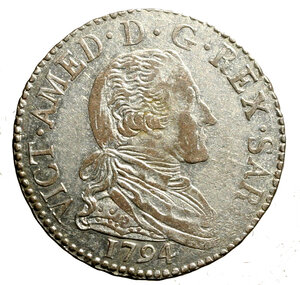 obverse: TORINO. Vittorio Amedeo III (1773-1798) 20 soldi 1794. Busto a ds. R/ Stemma coronato. MIR 990a; Mont. 371    MI   (g. 5,32)    +SPL