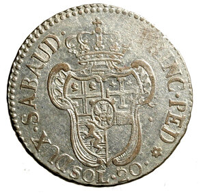 reverse: TORINO. Vittorio Amedeo III (1773-1798) 20 soldi 1794. Busto a ds. R/ Stemma coronato. MIR 990a; Mont. 371    MI   (g. 5,32)    +SPL