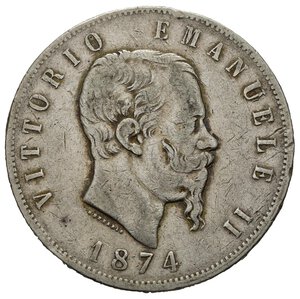 obverse: Regno d Italia. Vittorio Emanuele II (1861-1878). 5 lire 1874 Milano. Ag. qBB