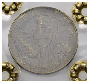 reverse: Regno d Italia. Vittorio Emanuele III (1900-1943). 10 centesimi 1943 